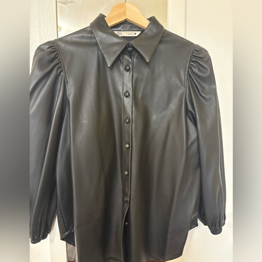 Zara Black Faux Leather Button-Front Shirt with Puff Sleeves